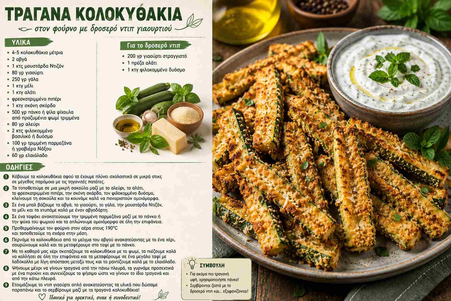 Crispy oven-baked zucchini sticks with Parmesan and fresh mint yogurt dip