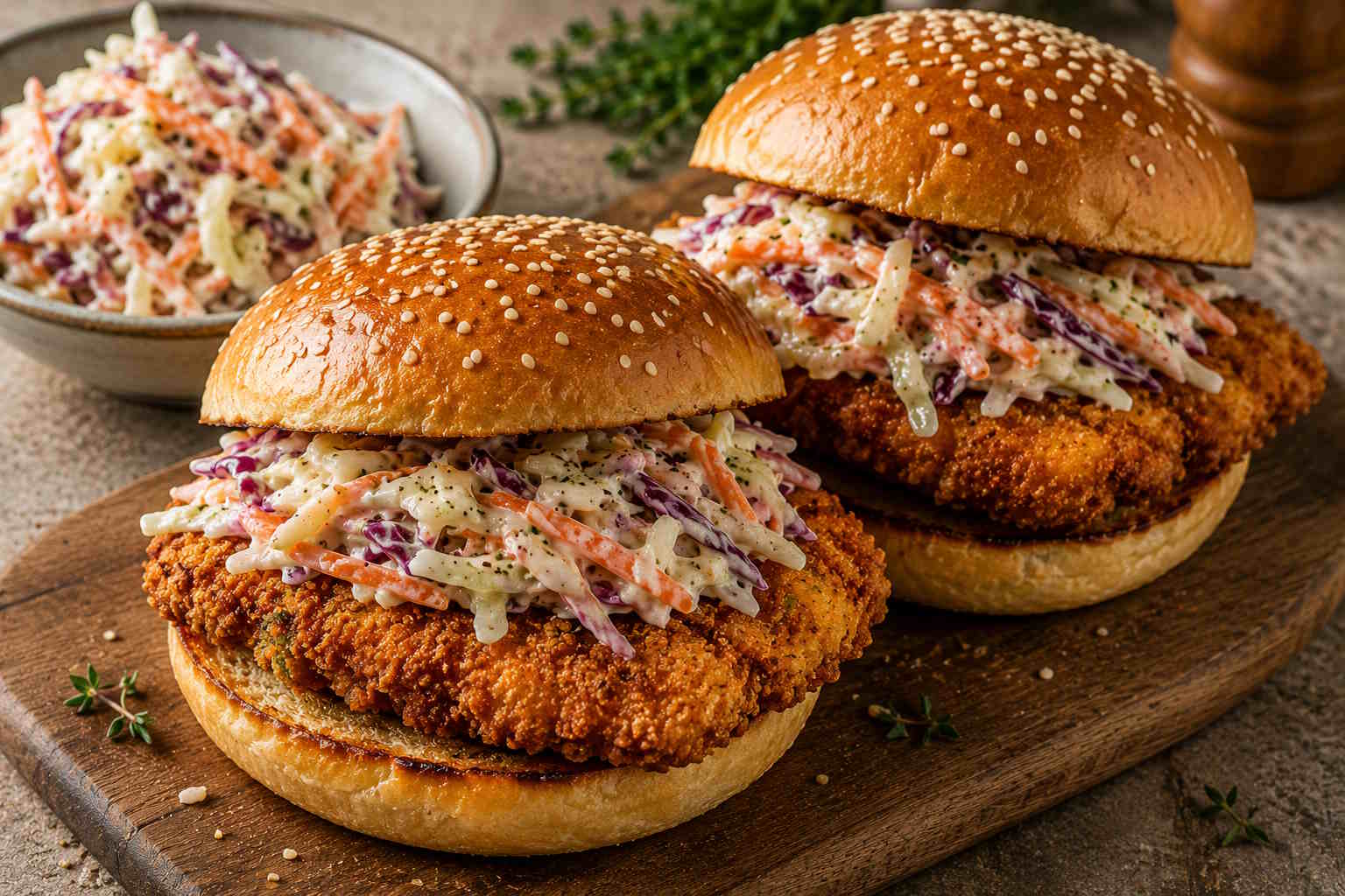 Crispy chicken burger with homemade coleslaw in a toasted sesame bun