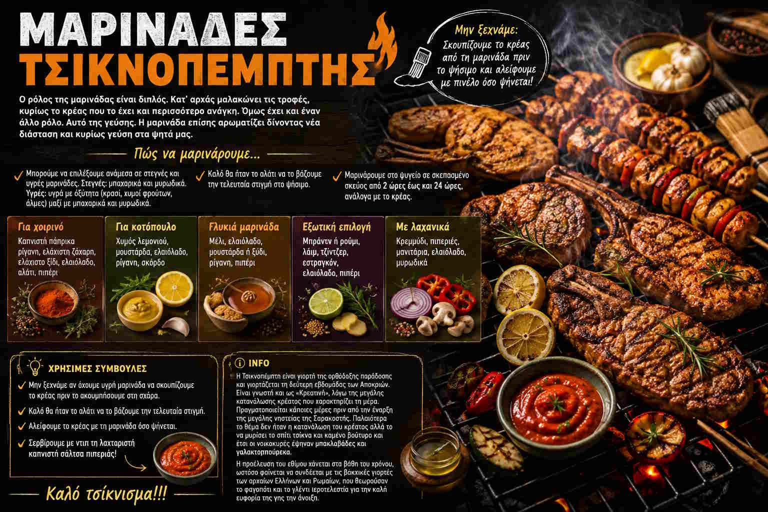 Tsiknopempti grilling guide with Greek meat marinades, grilled meats, herbs and vegetables