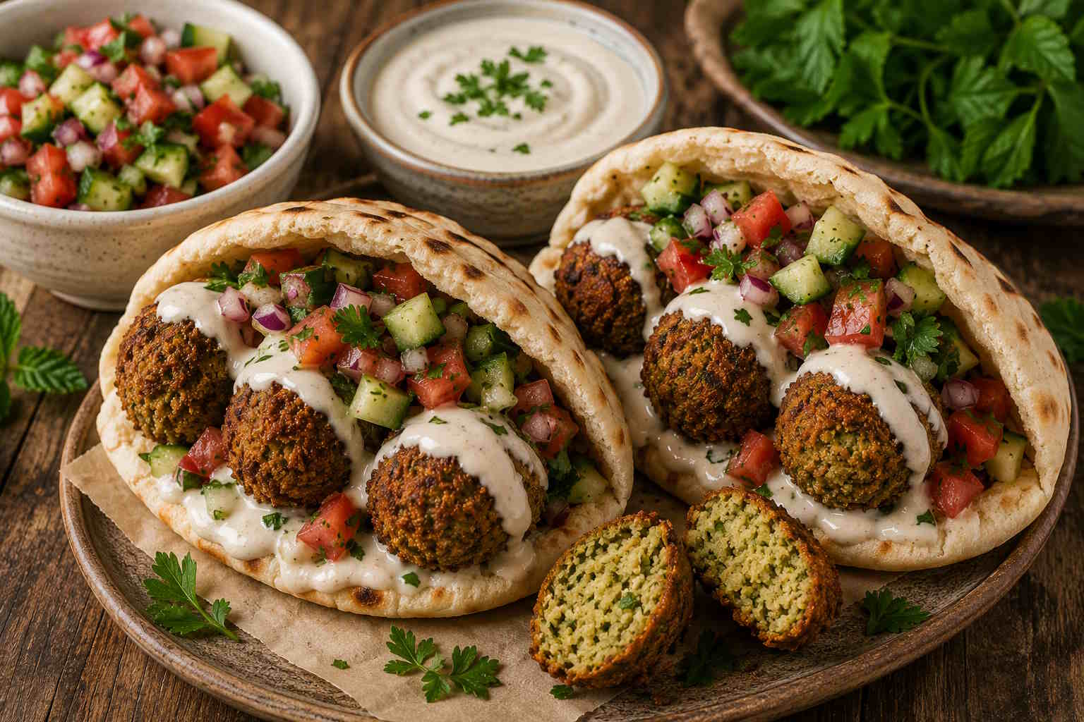 Homemade falafel in pita bread with yogurt tahini dressing, tomato and cucumber salad
