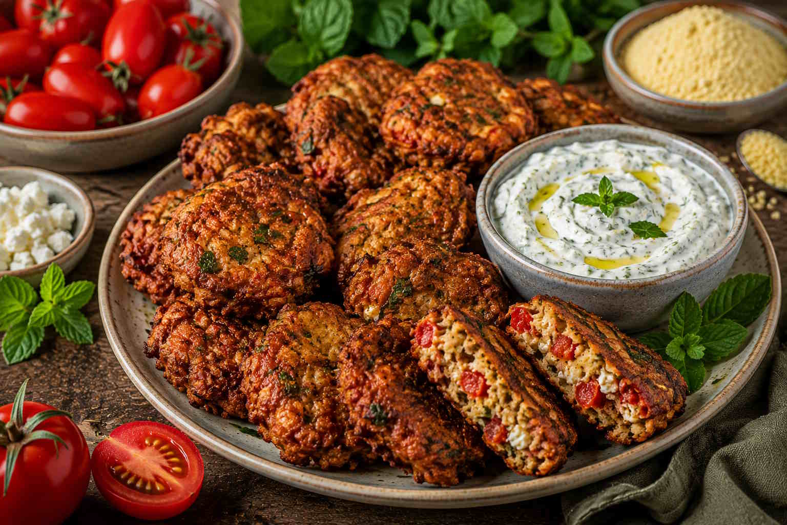 Traditional Santorini tomatokeftedes with tomato, fresh herbs and feta served with yogurt dip
