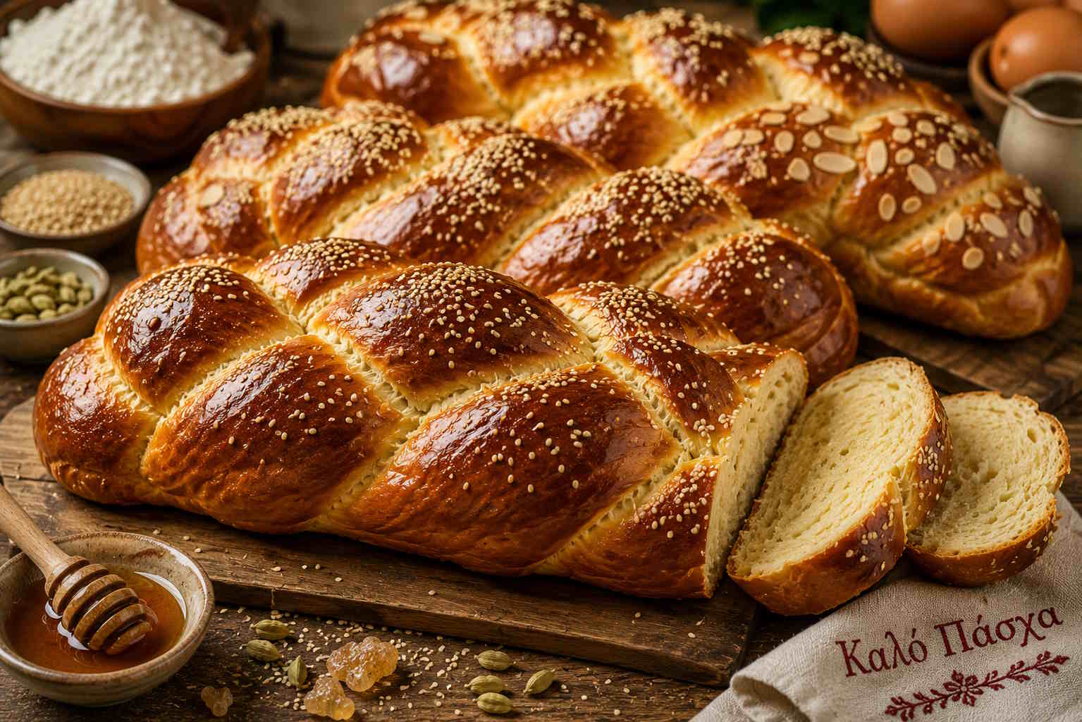 Traditional Greek Easter tsoureki with honey, mahlepi, Chios mastic and cardamom