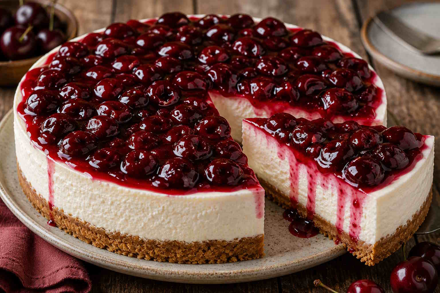 Creamy cheesecake with biscuit base and fresh cherry sauce