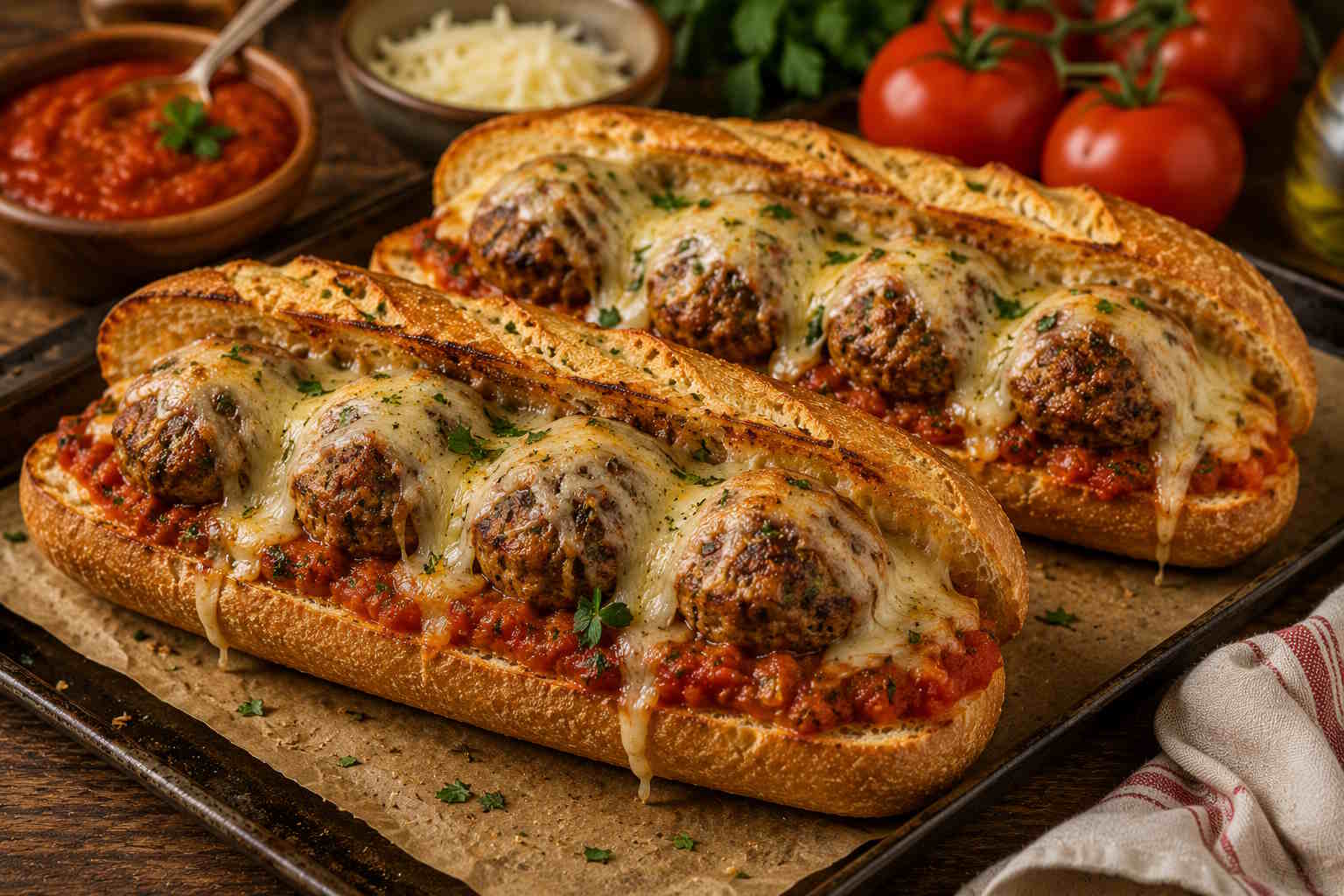 Meatball sandwich with fresh tomato sauce and melted Amfilochia kefalograviera cheese