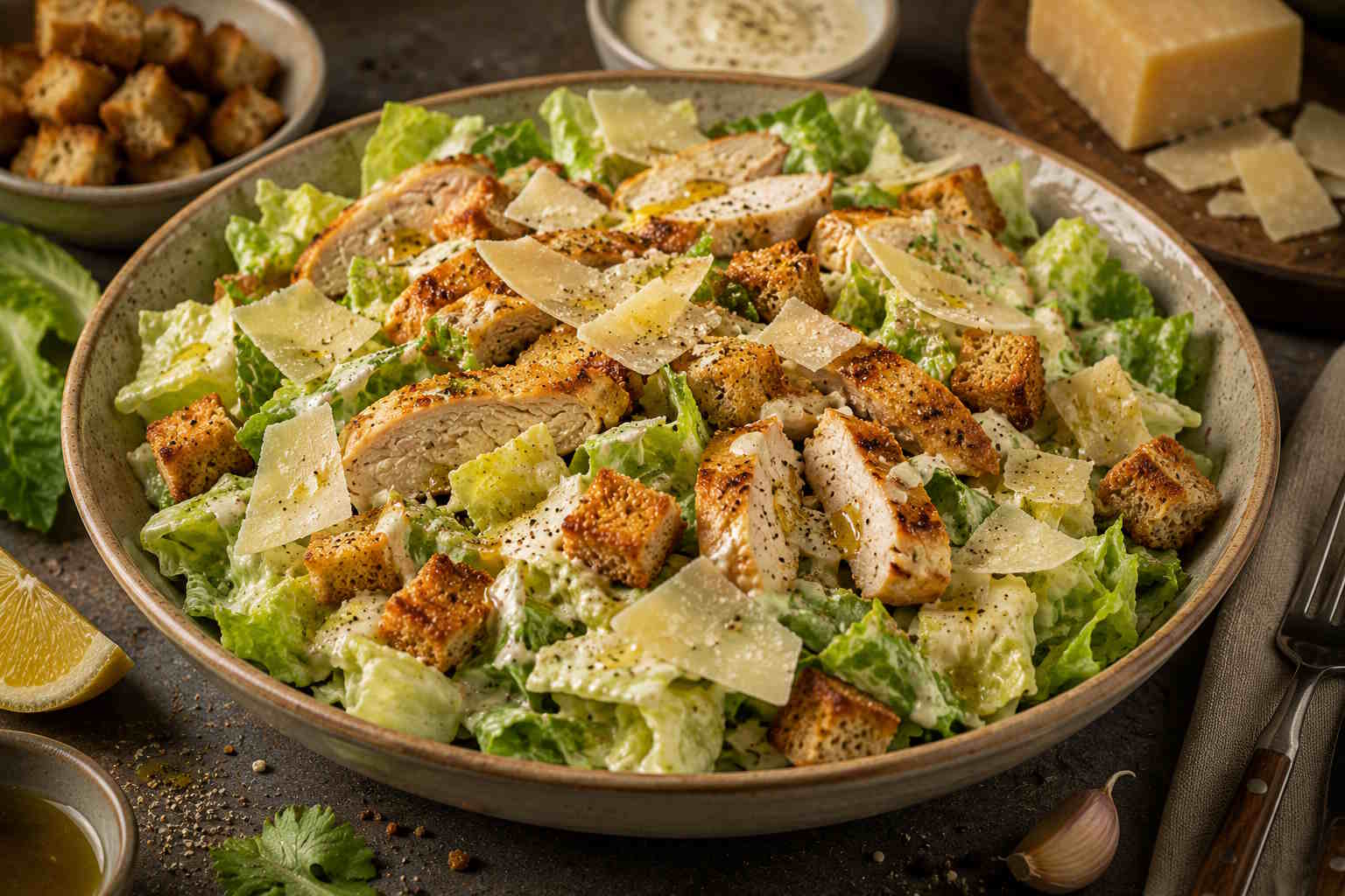 Caesar salad with grilled chicken, Parmesan, homemade croutons and creamy dressing