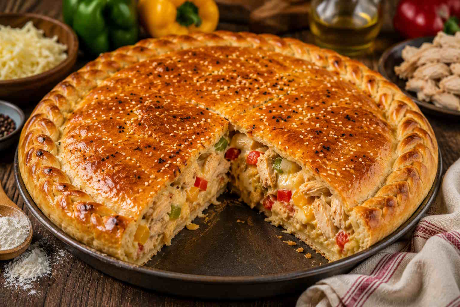 Traditional Greek kotopita with chicken, Naxos graviera cheese and colorful peppers