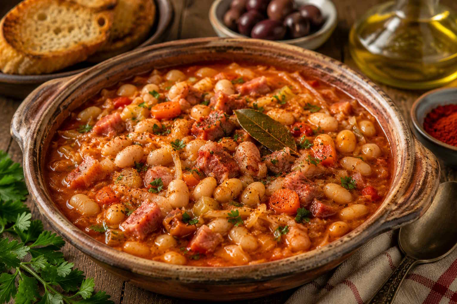 Traditional Greek fasolada with Kastoria beans, Mani syglino pork and sauerkraut