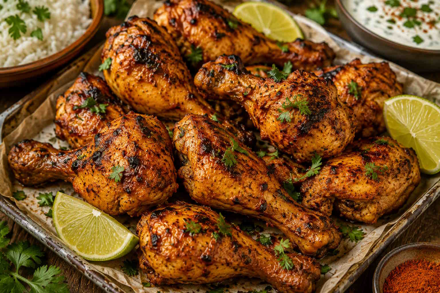Tandoori chicken drumsticks marinated in yogurt, ginger, garlic and aromatic spices