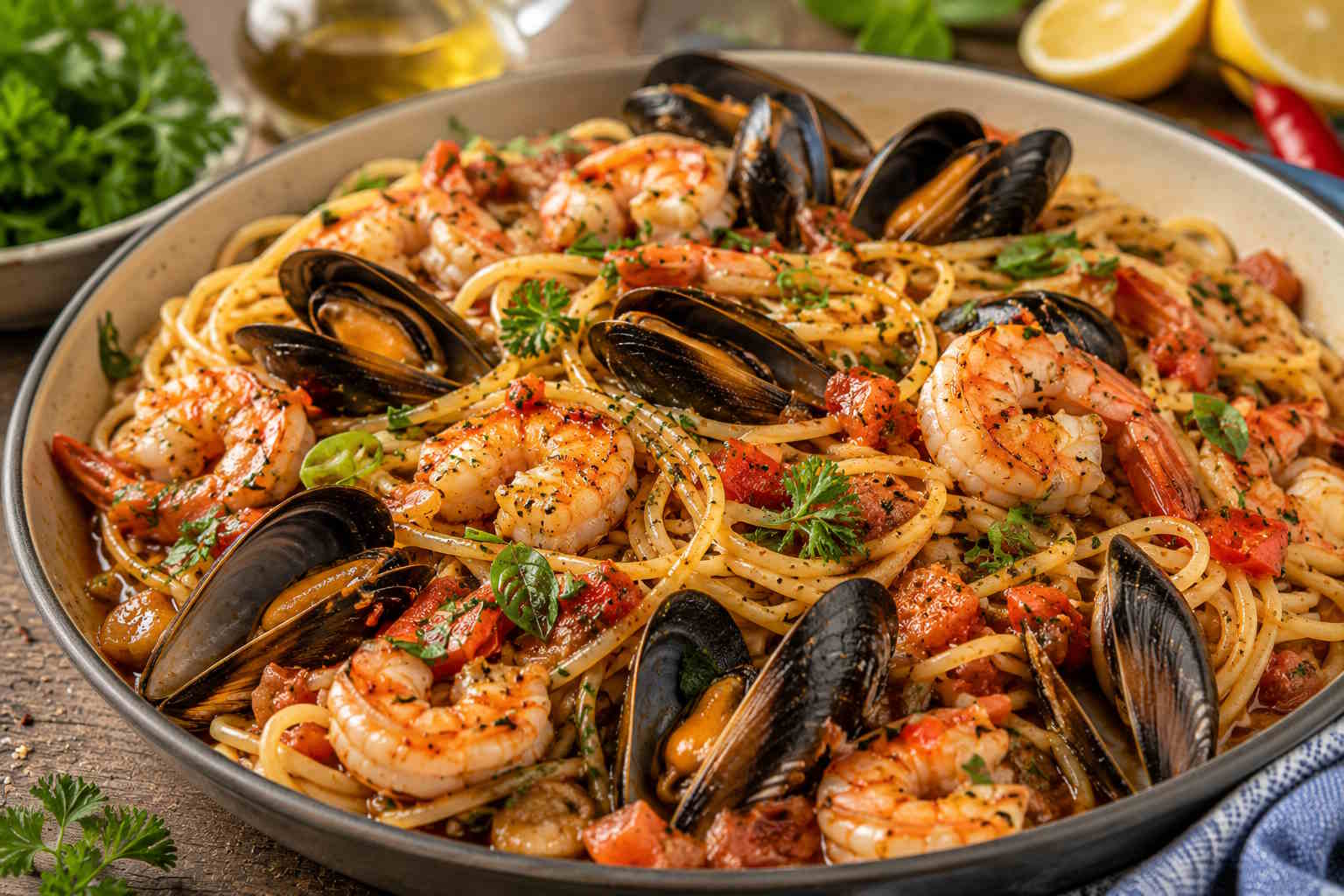 Seafood spaghetti with fresh mussels, shrimp, tomato, herbs and ouzo