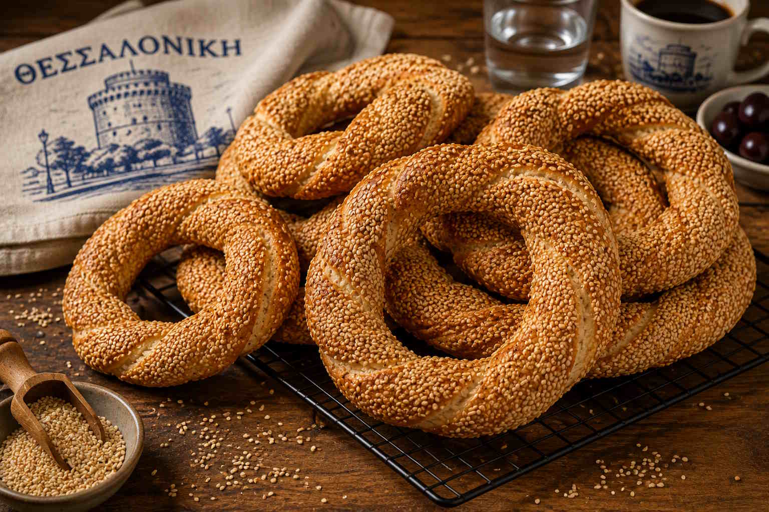 Traditional Greek Koulouri Thessalonikis bread rings covered with toasted sesame seeds