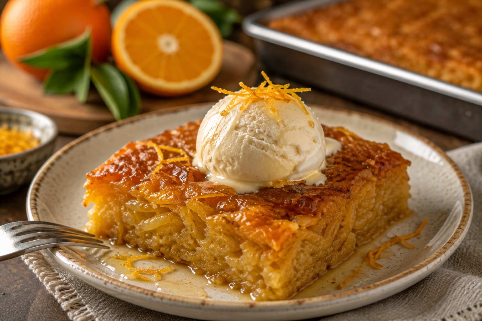 Traditional Greek portokalopita orange pie served with kaimaki ice cream