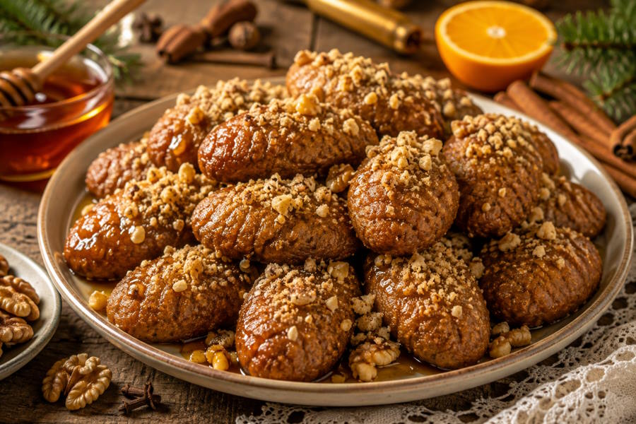 Traditional Greek melomakarona with honey syrup and chopped walnuts