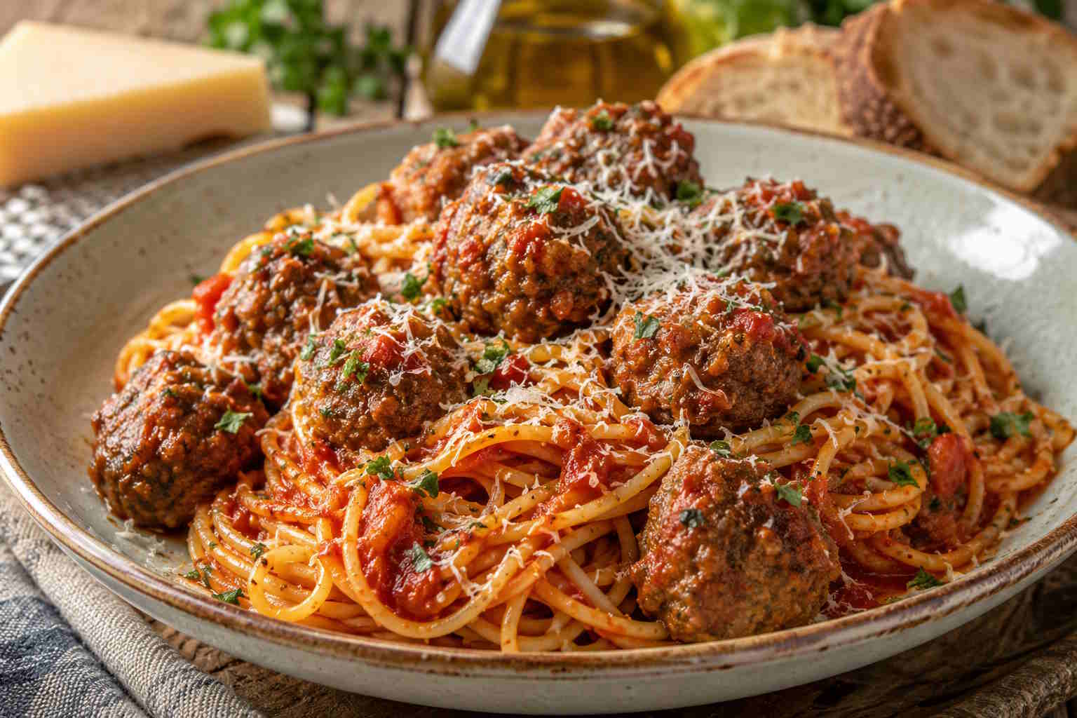 Spaghetti with homemade Greek-style meatballs in tomato sauce topped with grated cheese